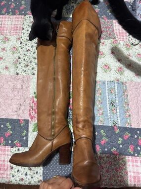 Knee-High Block Heel Riding Boots in Cognac Brown